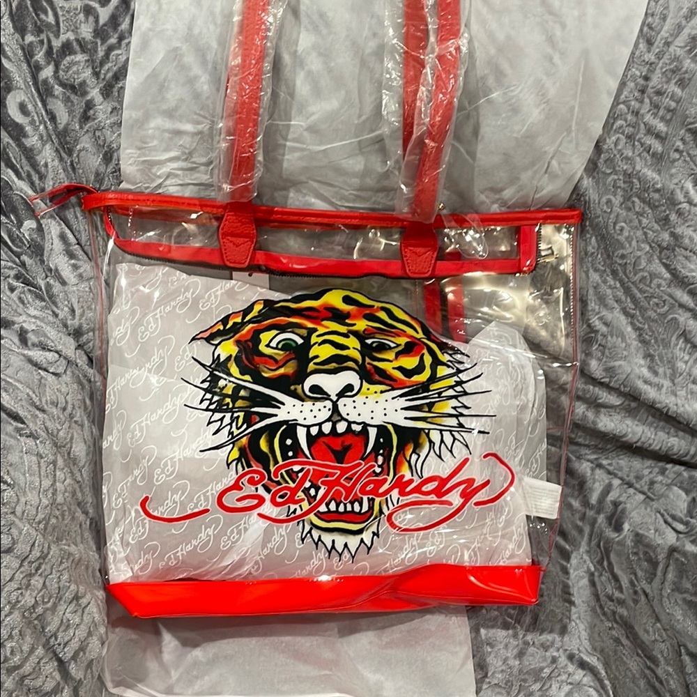 Ed Hardy Red Transparent Tote with Bold Design